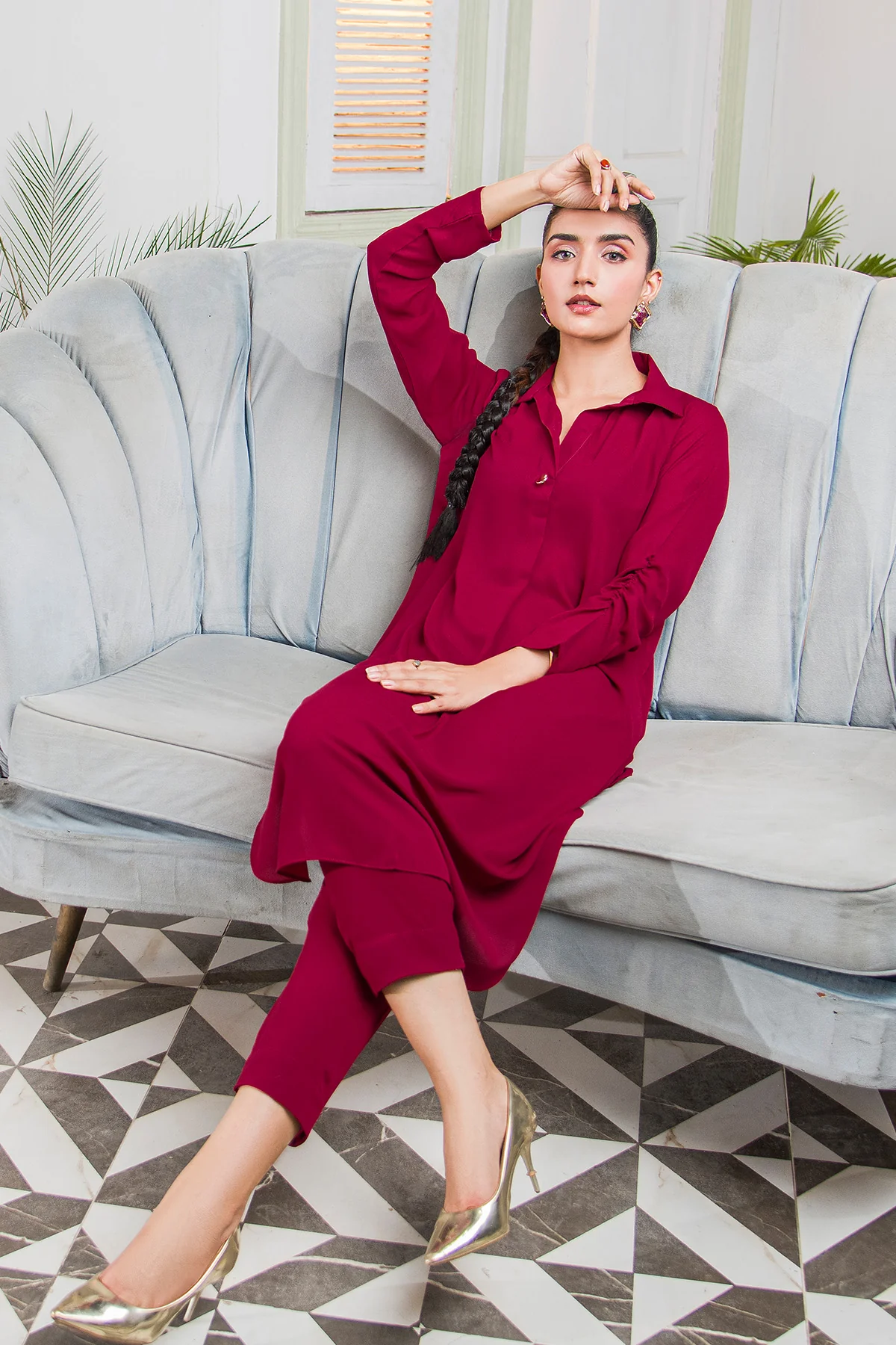 Bold Maroon Solid Dress - Image 3