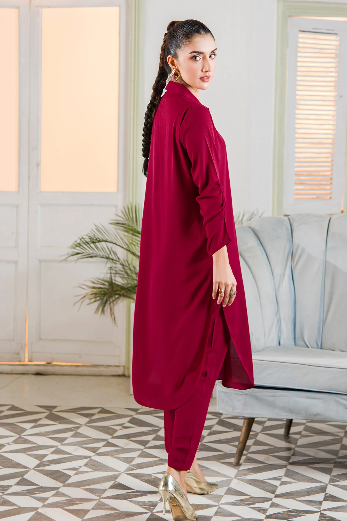 Bold Maroon Solid Dress - Image 4