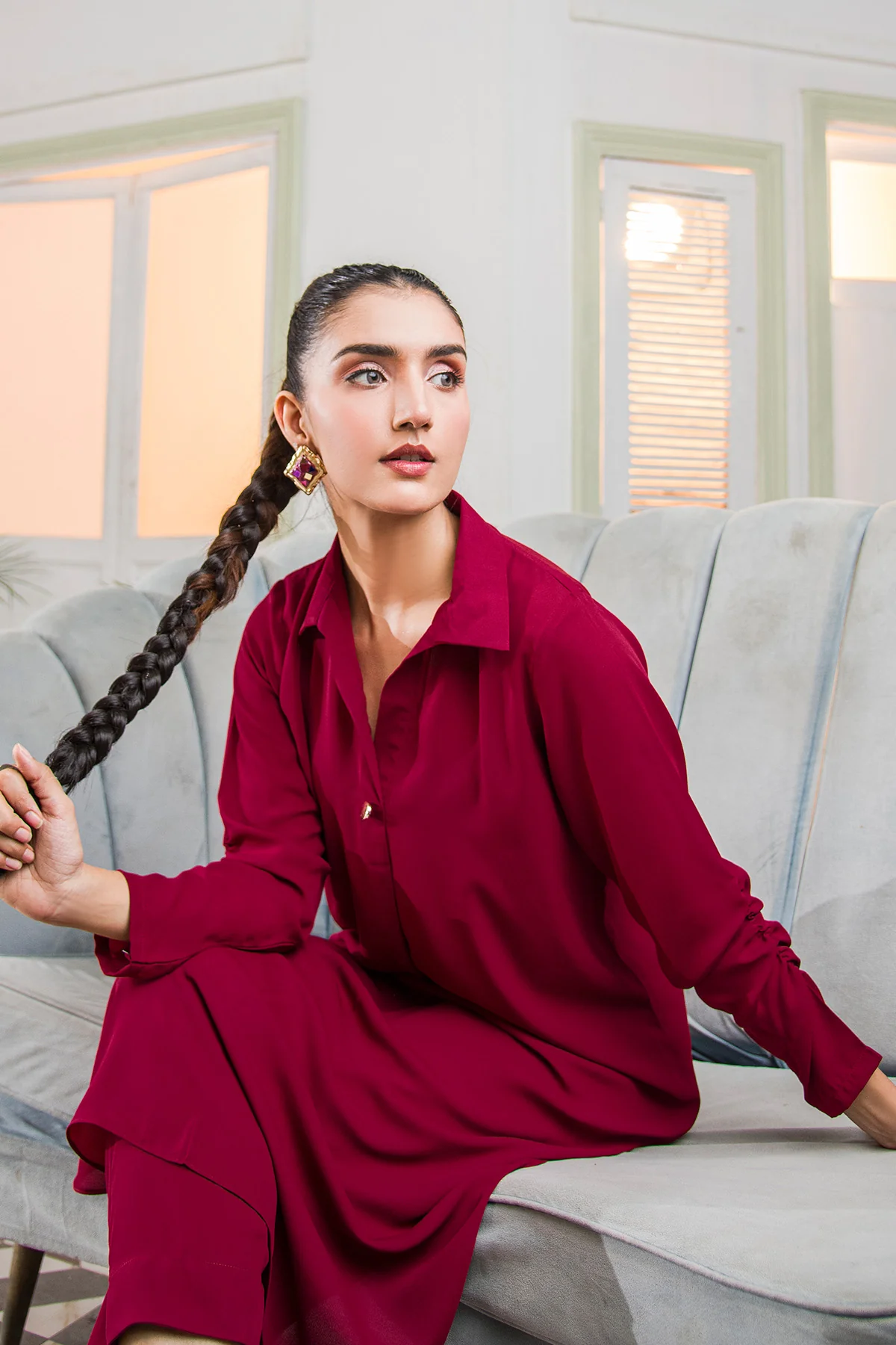 Bold Maroon Solid Dress - Image 7